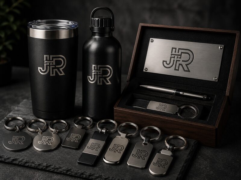 Engraved corporate gift set with tumbler, bottle, keychains, and pen