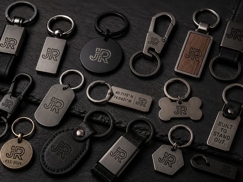 Engraved metal and leather keychains